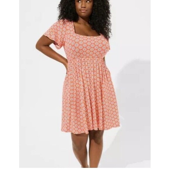 Torrid Skater Dress Womens 1X Orange Floral Super Soft Knit Flutter Short Sleeve - Picture 1 of 9